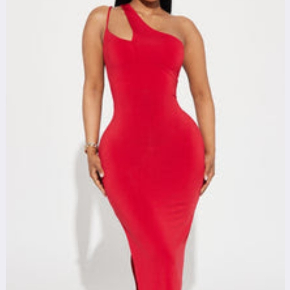 Fashion Nova Red One-Shoulder Cutout Bodycon Midi Dress